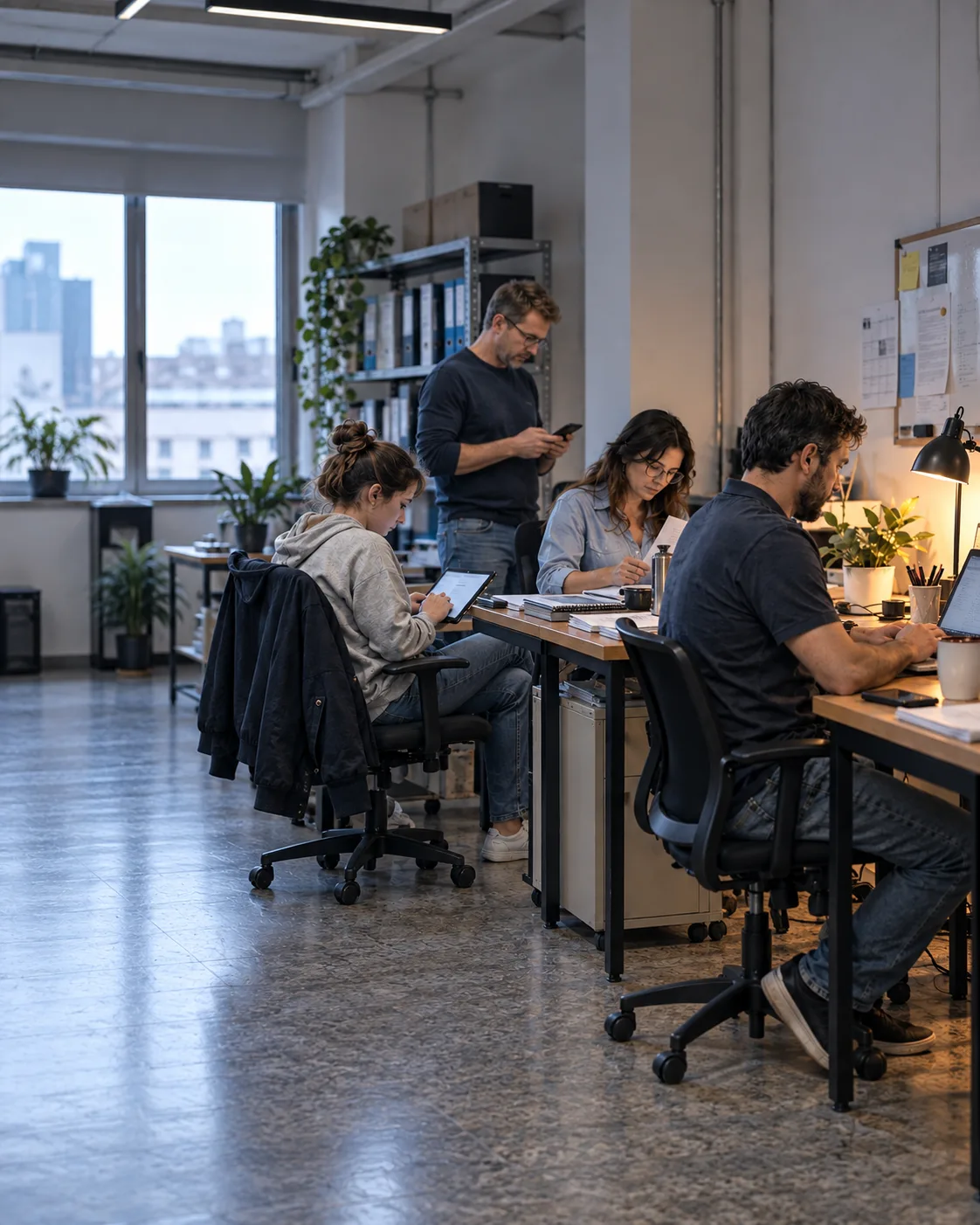 Equipo de una PyME trabajando, cada persona con su propia herramienta digital